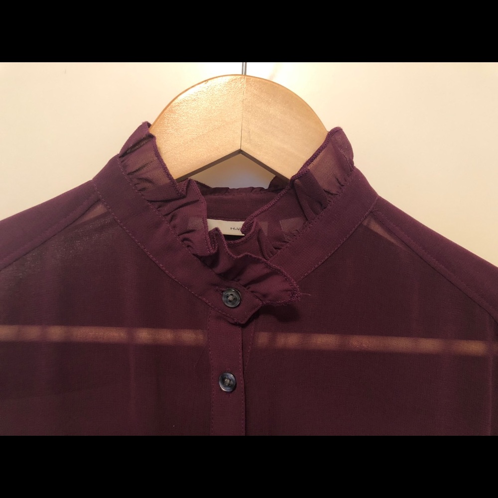 Burgundy Sheer Blouse with Ruffle Collar
